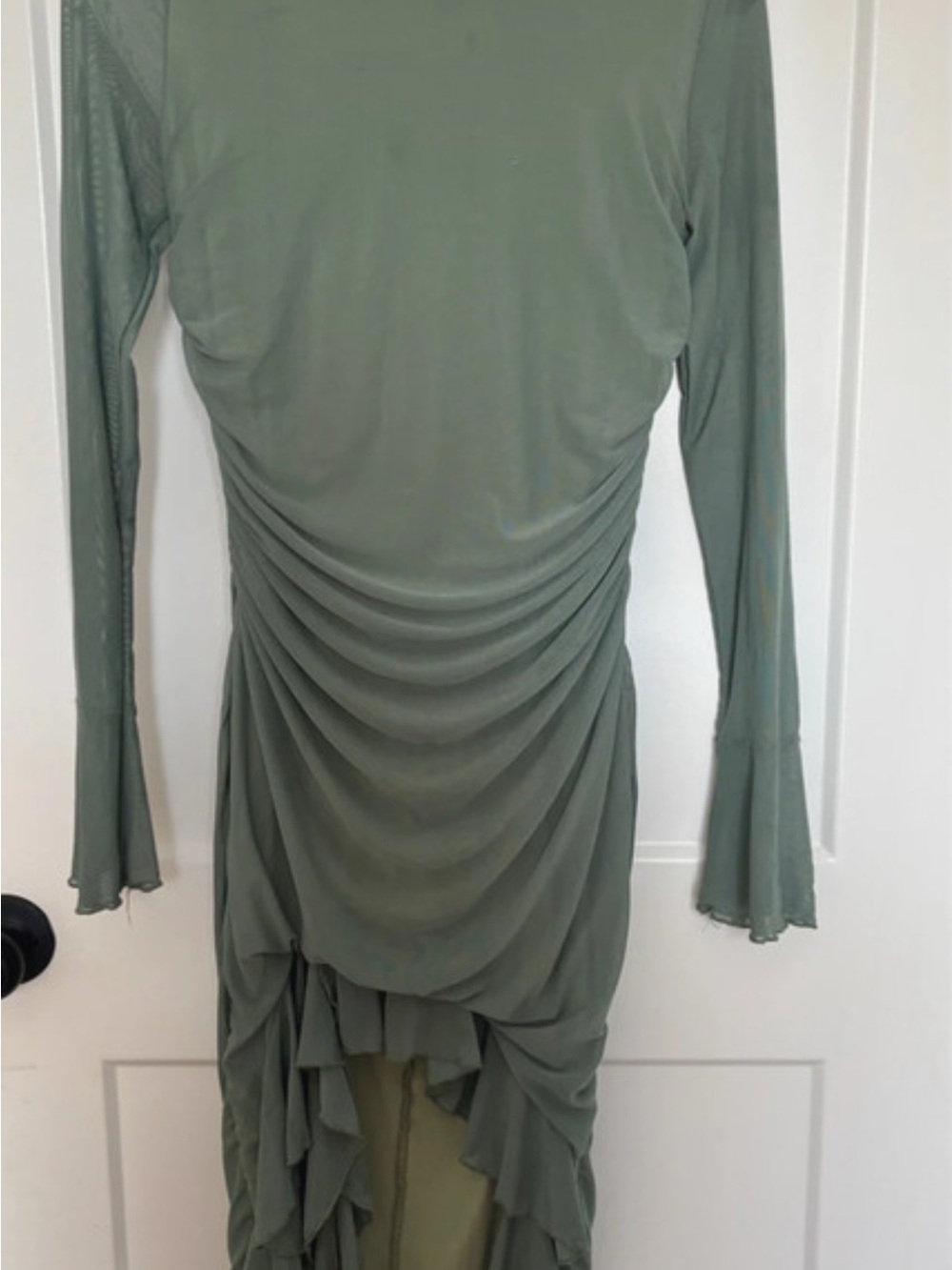 Amazon Sage Green Ruched High-Low Long Sleeve Dress